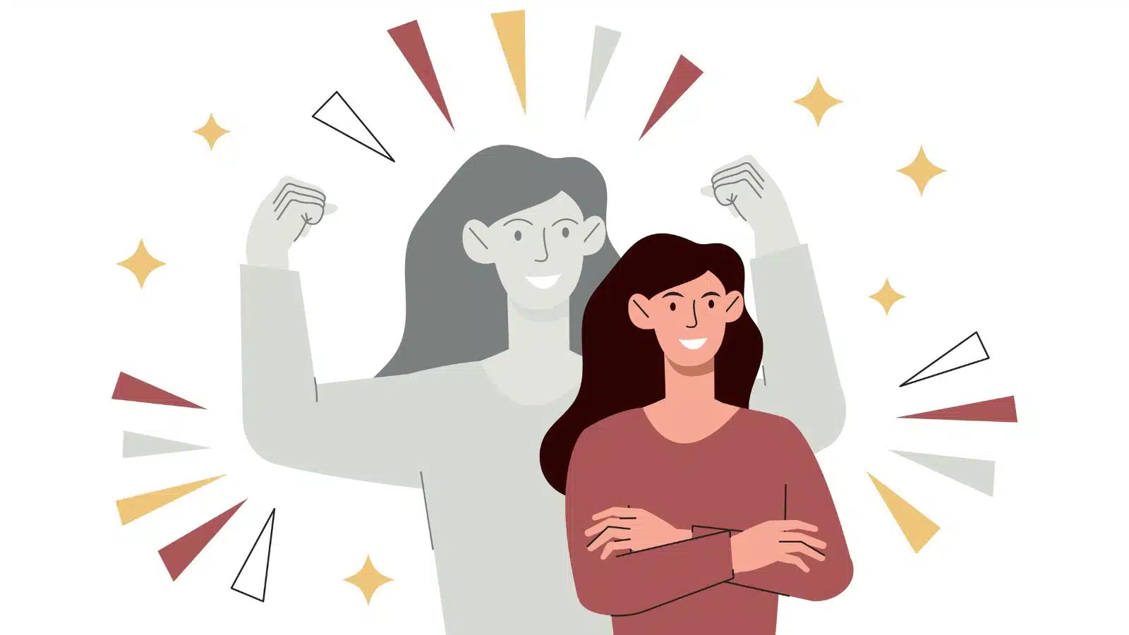 Illustration of a happy, confident woman bursting with self-esteem.