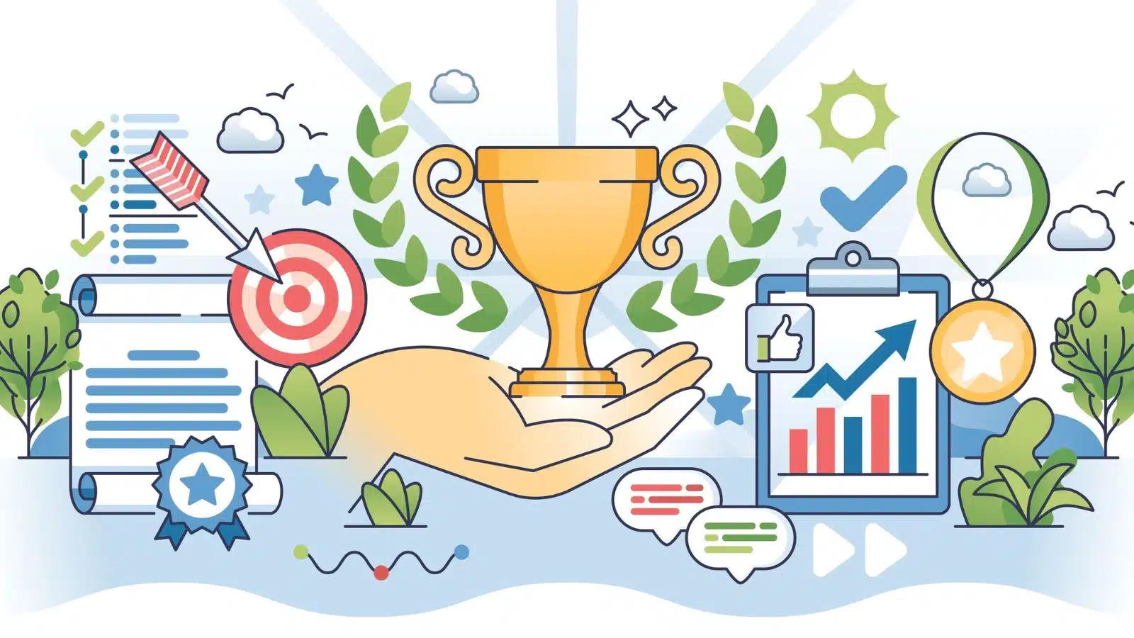 Illustration of a hand holding a trophy surrounded by imagery of work success.
