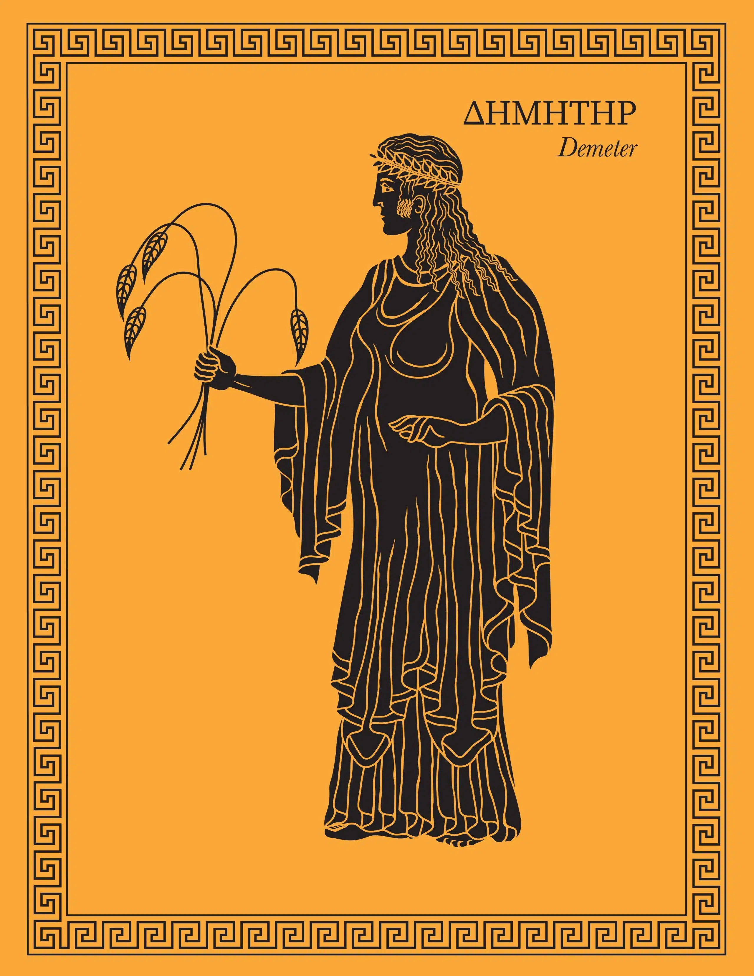 Illustration of Demeter, Goddess of agriculture, holding sagging crops.