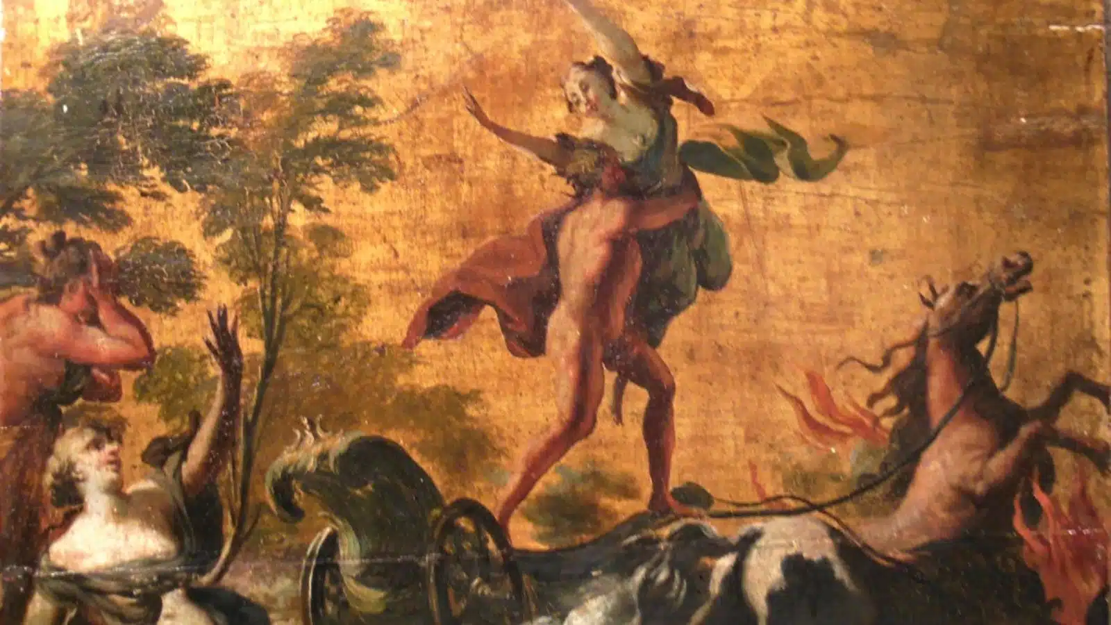 A painting by an unknown artist of Hades abducting Persephone. The painting is on wood with a gold gilt background. Provided by Missing Link Antiques.