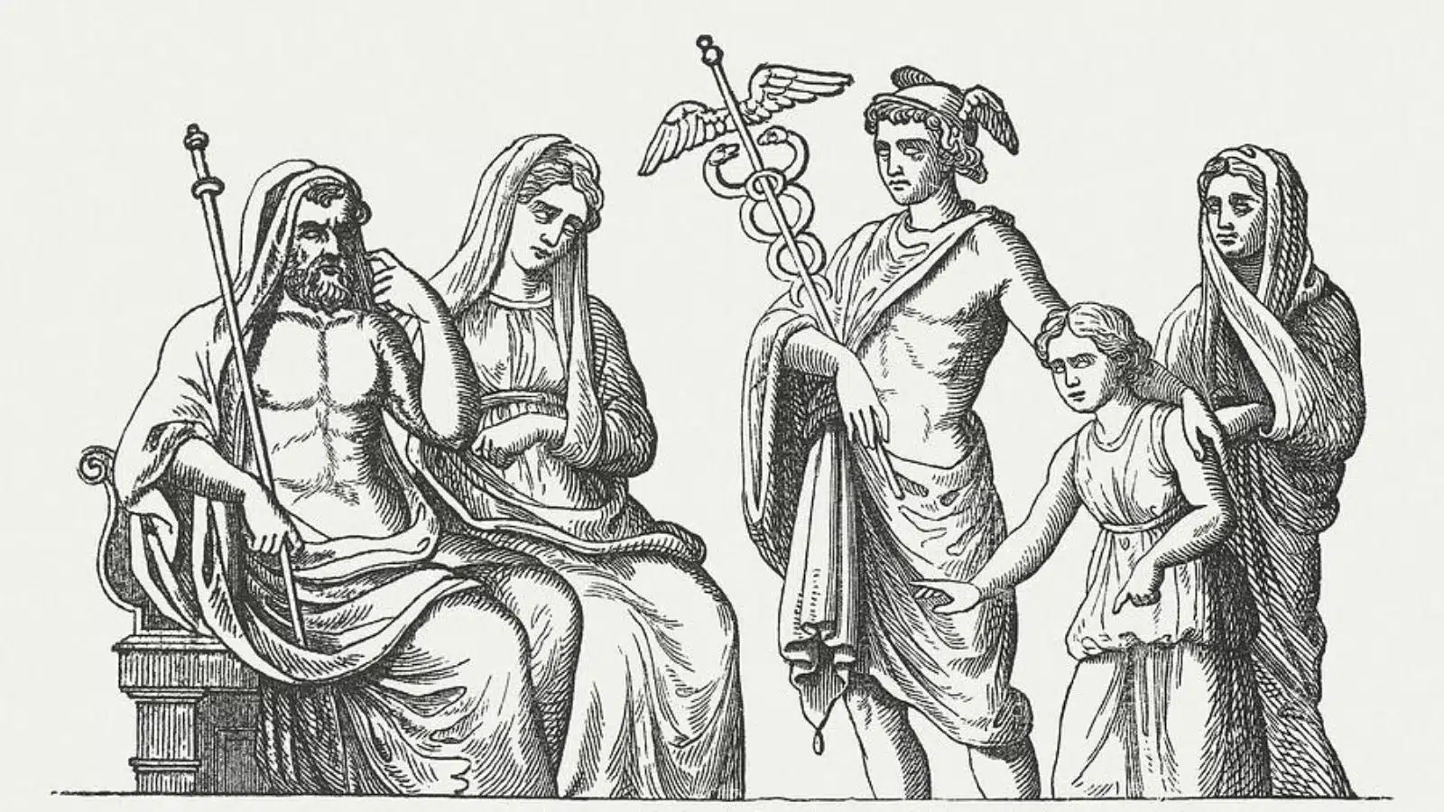 Illustration of Hermes meeting with Zeus and Demeter about Persephone & Hades.