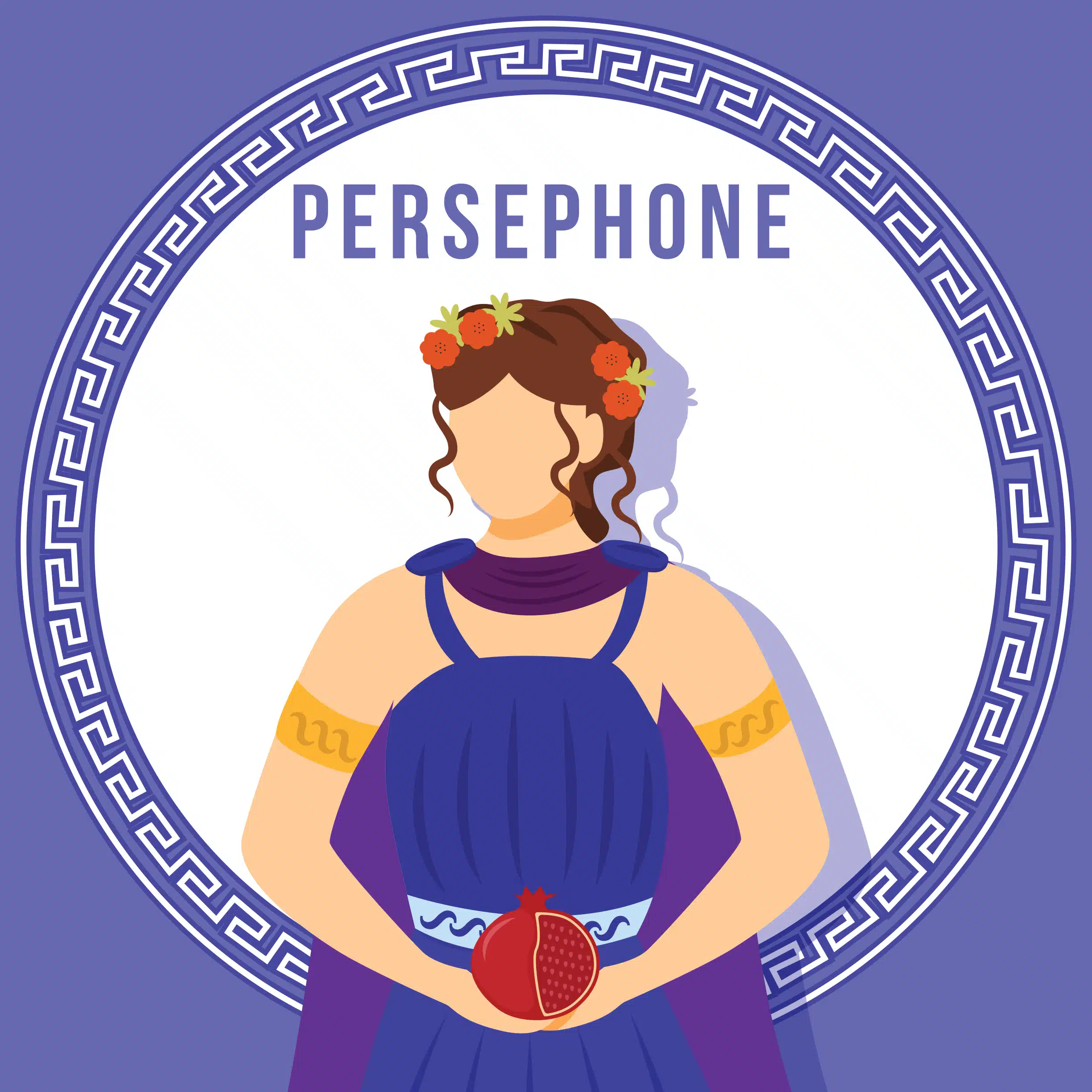 Illustration of Persephone, Queen of the Underworld, holding a pomegranate.