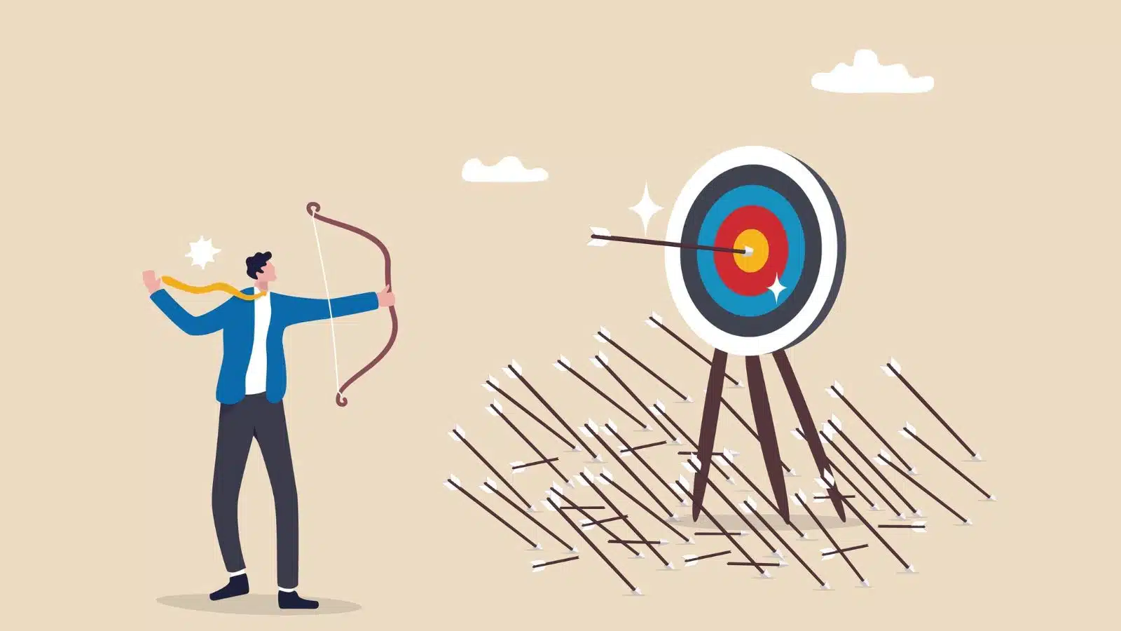 A man finally hits his target with an arrow after missing numerous times. The illustration represents how crucial practice is to achieving success.