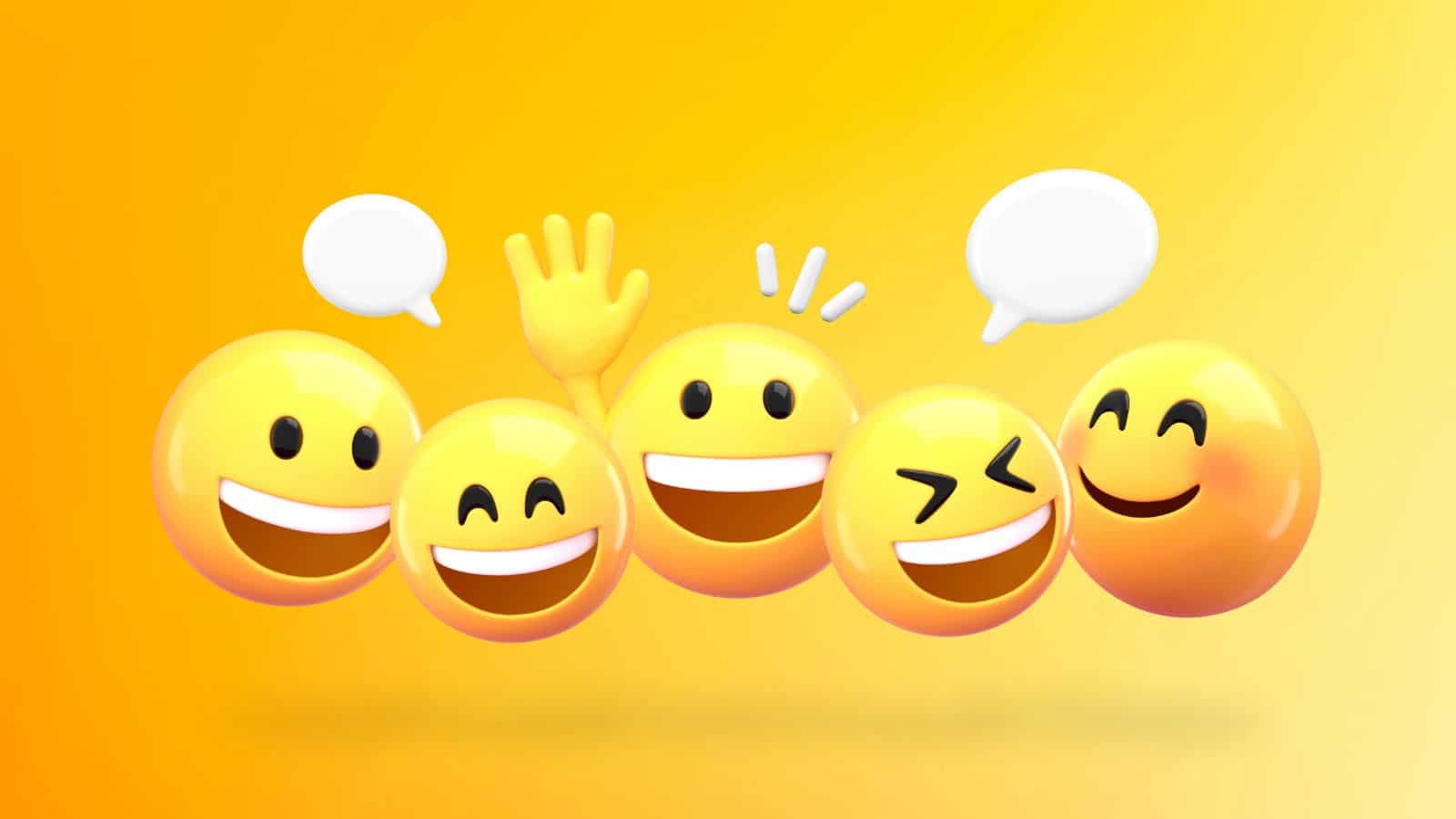 Five happy smiley emojis with little speech bubbles on a yellow background to represent happiness quotes.