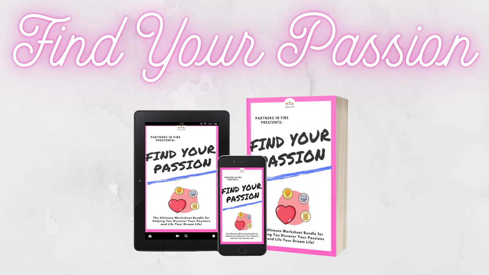 Graphic showing mock up cover designs of our find your passion workbook.